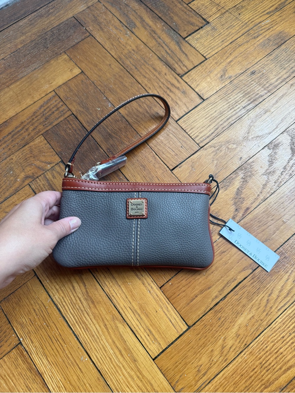 Dooney & Bourke Gray Pebbled Leather Wristlet with Brown Trim